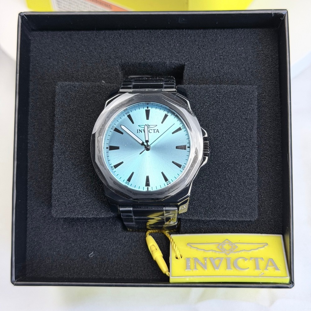Invicta Mens Watch Blue Sunray Dial Black Stainless Steel Bracelet K-37 New